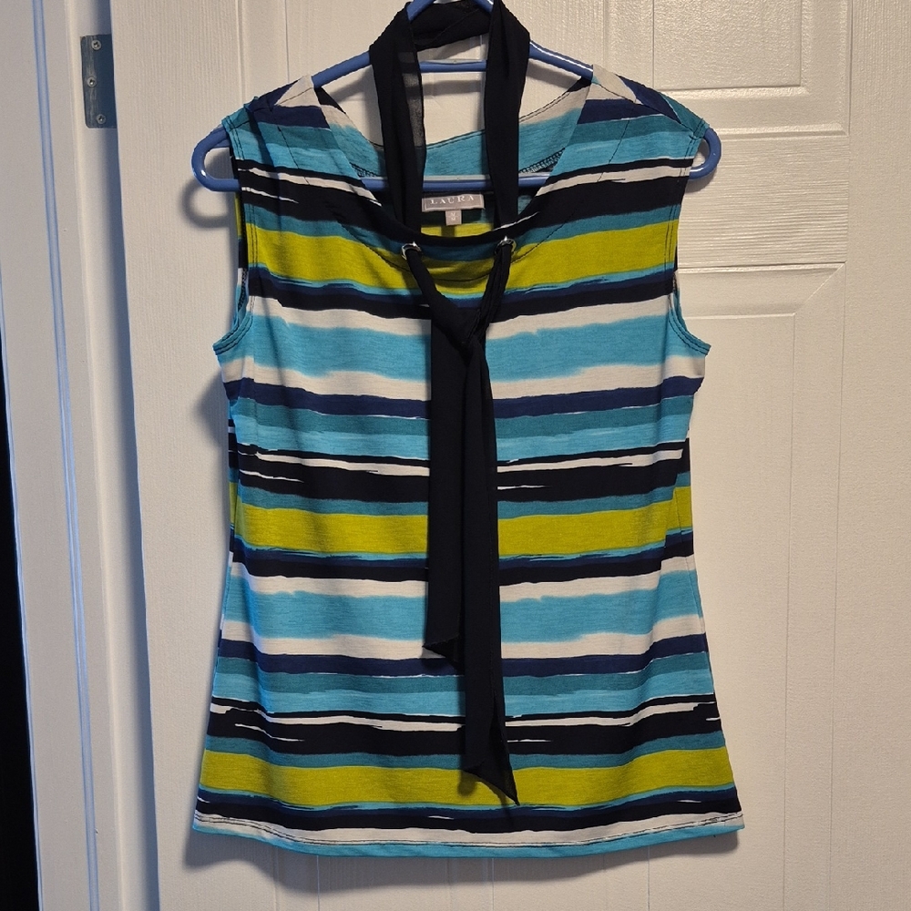 LAURA, sleeveless BLOUSE, navy scarf accent, navy, white, green, blue, 6